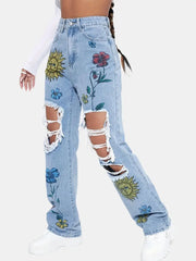 Floral Print Ripped Denim Jeans - Loose Fit High Waist
