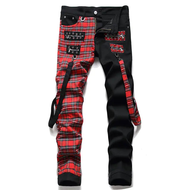 Red Plaid Punk Zipper Jeans with Gothic Hip-Hop Style