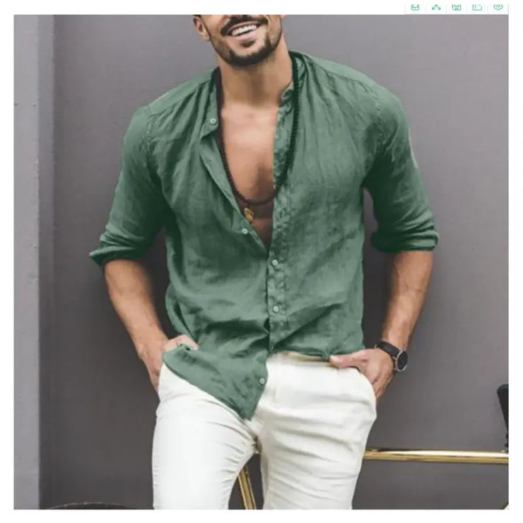 Solid Color Long Sleeve Button Stand Collar Men&