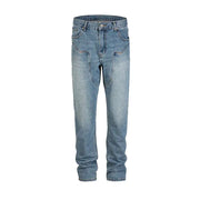 Washed Old Blue Straight Slim Jeans with Stitching