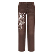 Low-rise Pleated Heart-print Loose Washed Jeans