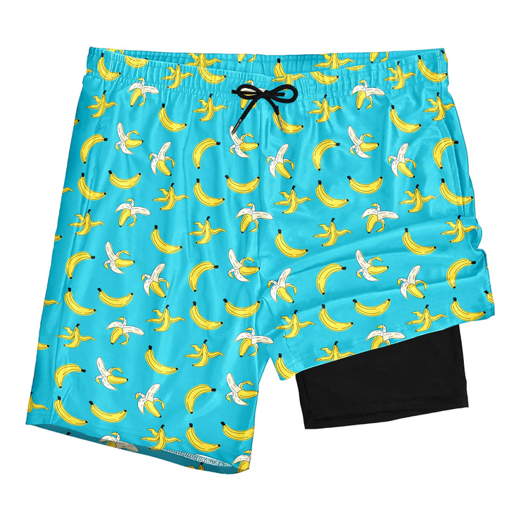 Yhjoxlp Mens Swim Trunks with Compression Liner 7 Inch Inseam Stretch Quick Dry Swim Trunks for Men Swimming Trunks Green Banana Fruit Mens Board Shorts Swimwear Bathing Suit Beach Shorts XX-Large