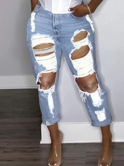 Women's Blue High Waist Ripped Straight Jeans