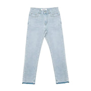 Distressed Embroidered Straight-Leg Jeans in Washed Blue