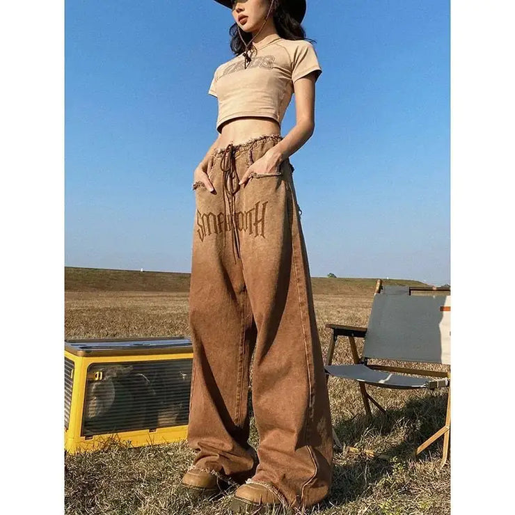 American Retro Loose Wide-Leg Frayed Jeans