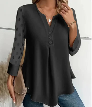 Irregular Hem T-Shirt, 3/4 Sleeve, Solid V-Neck