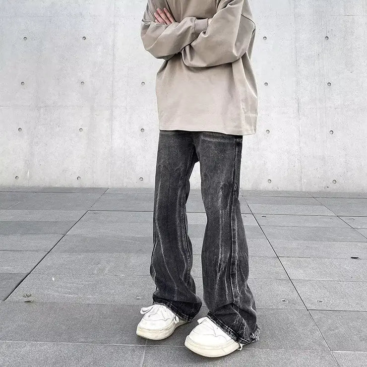 American Street Style Washed Distressed Wide Leg Jeans