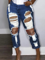 Women's Blue High Waist Ripped Straight Jeans