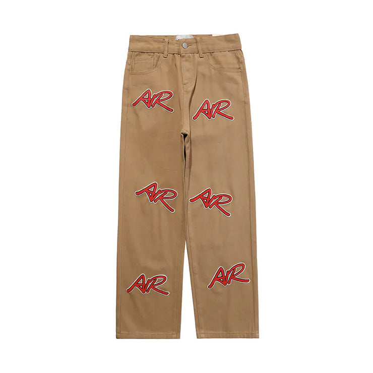 Embroidered Leather Vintage Letter Straight Leg Jeans