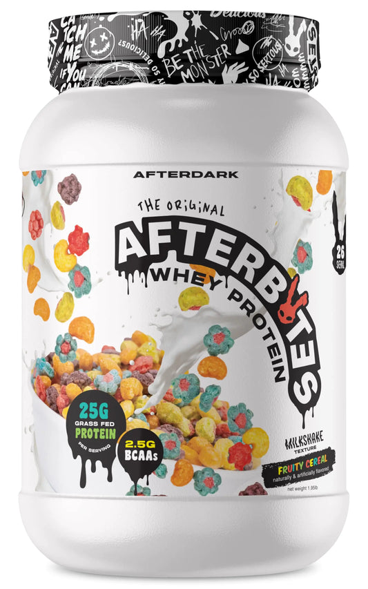 AFTERDARK AfterBites Whey Protein Powder 25g Protein 4.5g BCAA’s Easy Dissolving No Artificial Colors or Fillers Isolate Protein USA Made 26 Servings Fruity Cereal