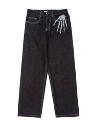 Men's Dark Skeleton Embroidered Jeans