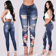High Waist Ripped Flower Embroidered Jeans