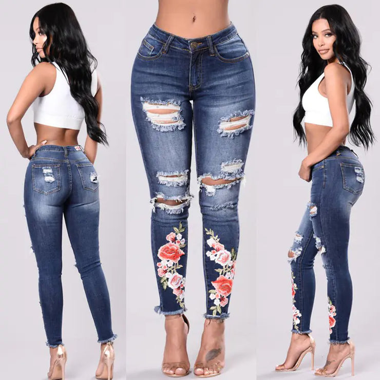 High Waist Ripped Flower Embroidered Jeans