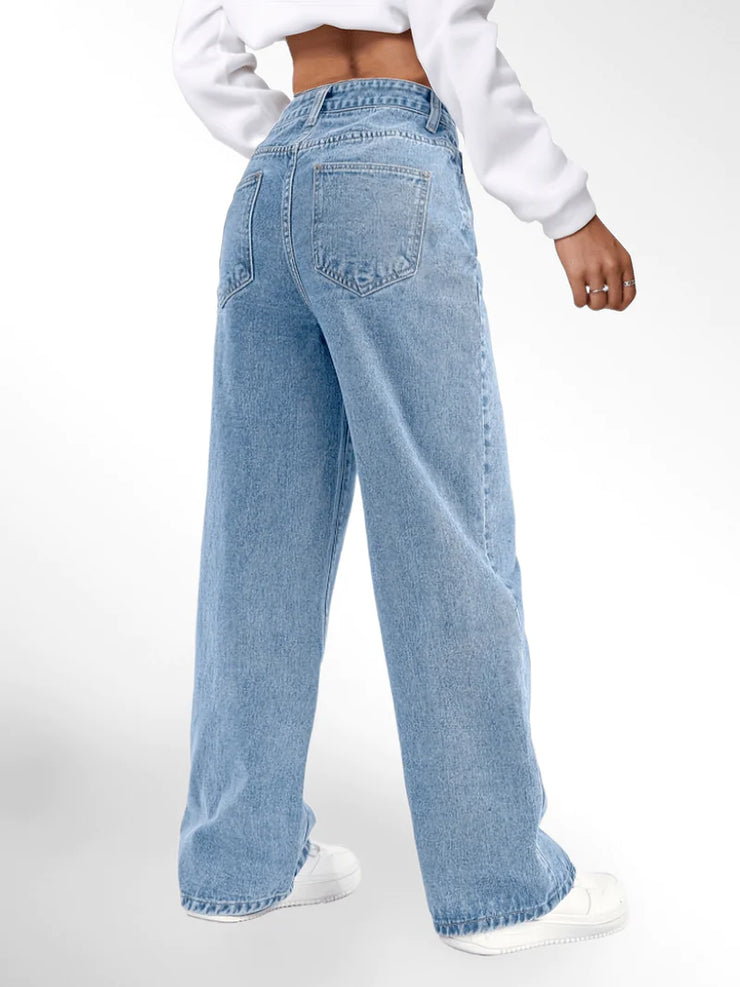 Blue High Waist Loose Fit Straight Leg Denim Jeans