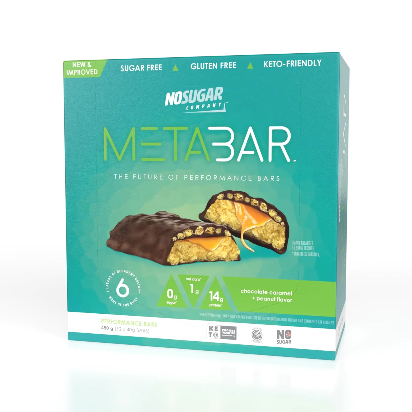 *NEW* No Sugar META BAR - High Protein Energy Bars 0g Sugar 14g Protein Low Net Carb Chocolate Caramel & Peanut - Grab & Go Protein Snack Bars with Six Layers of Decedent Delight - Gluten Free Keto Friendly (Chocolate Caramel & Peanut 12 Bars)