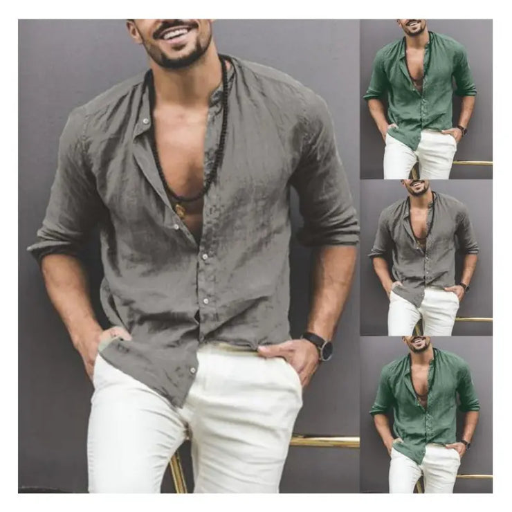 Solid Color Long Sleeve Button Stand Collar Men&