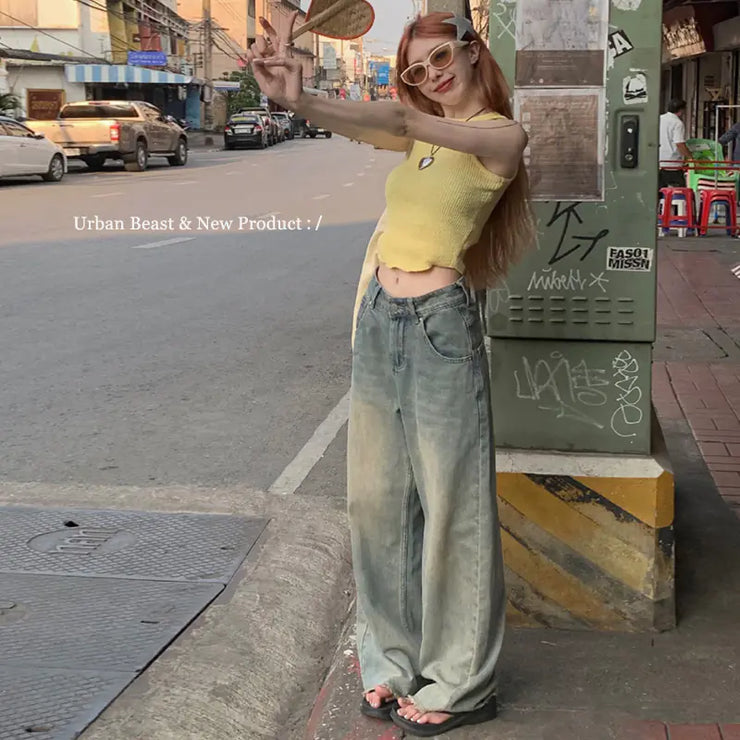 Retro Loose Wide Leg Jeans with Raw Hem Details