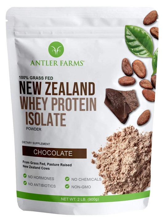 Antler Farms - 100% Grass Fed New Zealand Whey Protein Isolate Chocolate Flavor 2 lbs - Pure and Clean 4 Ingredients Delicious Cold Processed