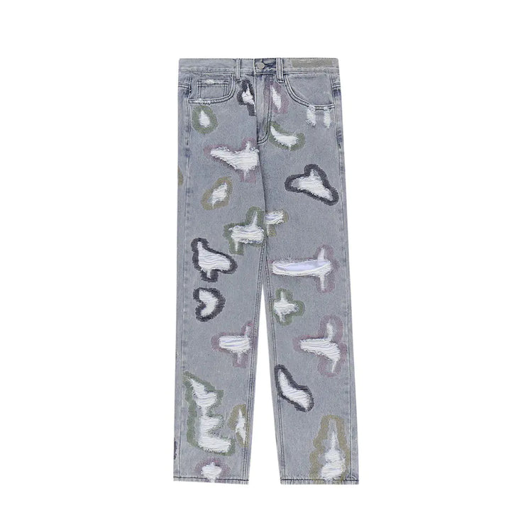 American Style Ripped Embroidered Jeans with Color Contrast