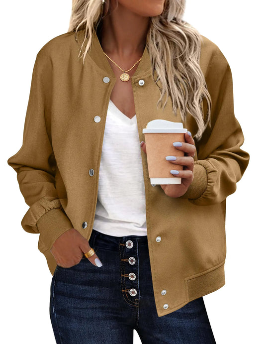Zeagoo Womens Bomber Jacket Casual Varsity Jackets Stripe Button Up Lightweight Sporty Fall Outfits with Pockets