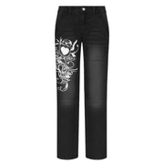 Low-rise Pleated Heart-print Loose Washed Jeans