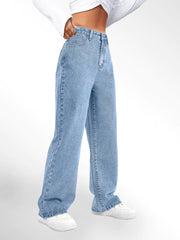 Blue High Waist Loose Fit Straight Leg Denim Jeans