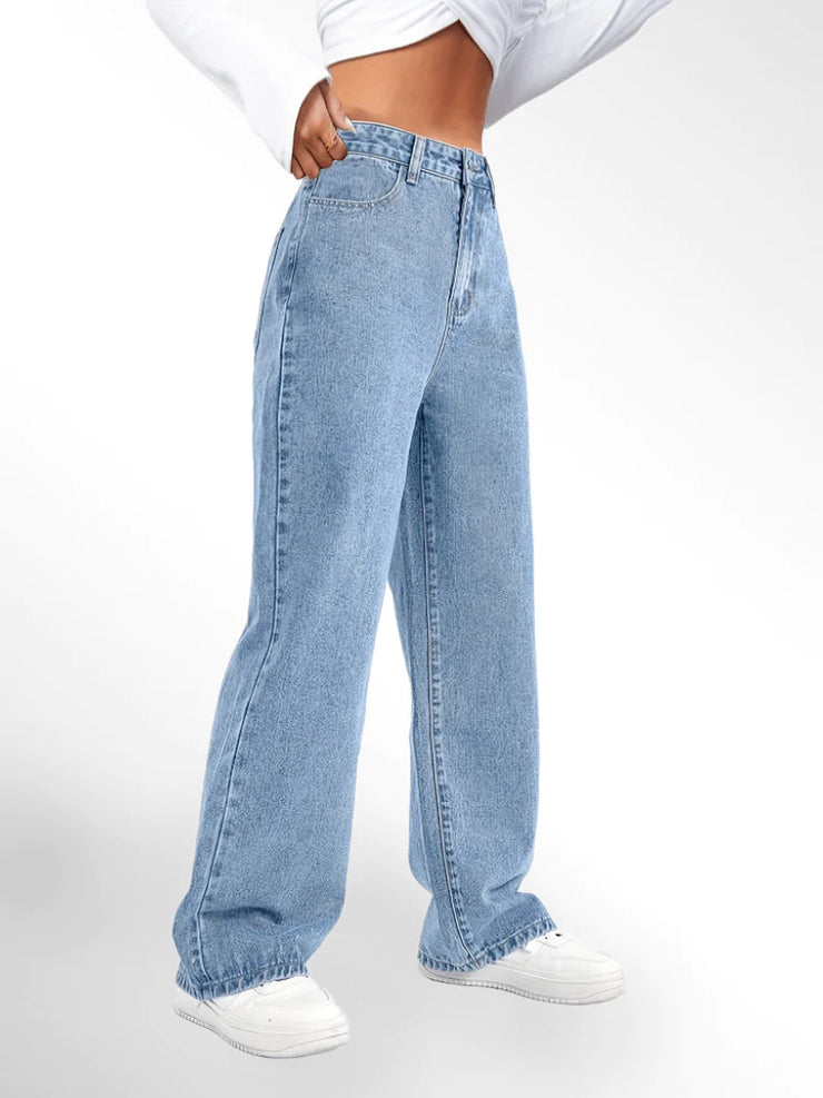 Blue High Waist Loose Fit Straight Leg Denim Jeans