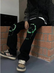 Men's Straight Loose-Fitting Wide-Leg Letter Jeans