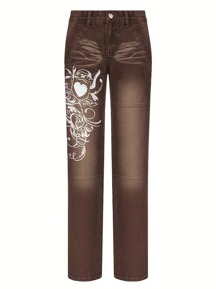 White Floral Print High Waist Baggy Fit Jeans for Women