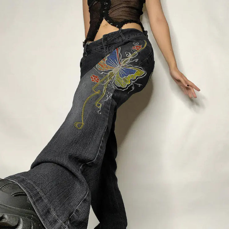 Fashionable Retro Butterfly Embroidered Low-rise Jeans