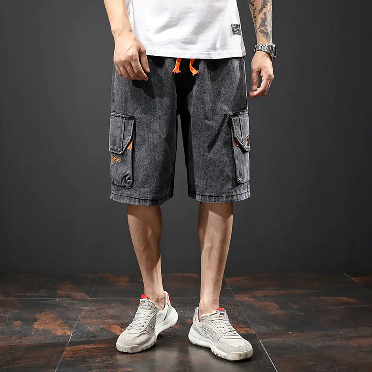 Embroidered Multi-pocket Cropped Pants with Elastic Waist