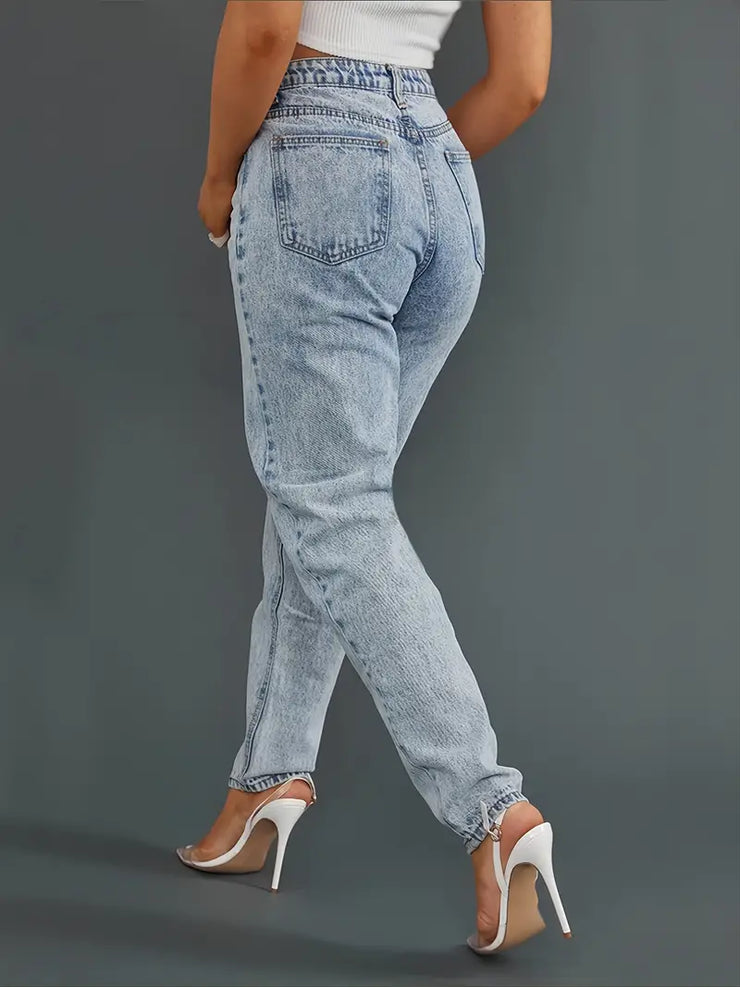 Casual Acid Washed Wide Leg Mom Jeans for Women