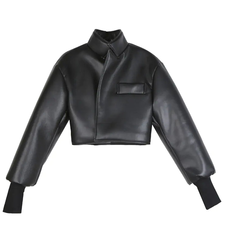 Thick Shoulder Cropped Leather Jacket for Women