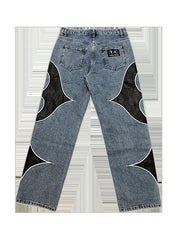 American Retro Men's PU Leather Stitching Jeans