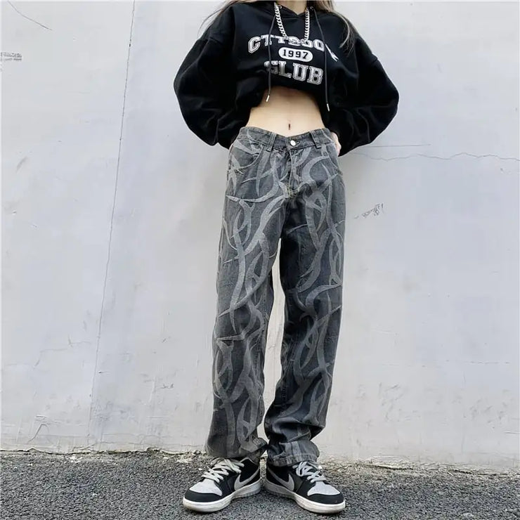 High Waist Loose Fit Hip Hop Wide Leg Printed Jeans
