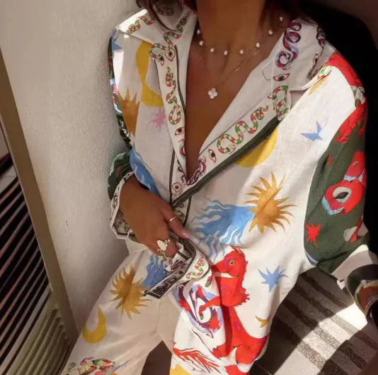 Printed Linen Macaron Long Sleeve Suit