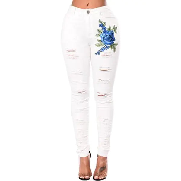 Stylish Ripped Embroidered High Stretch Jeans