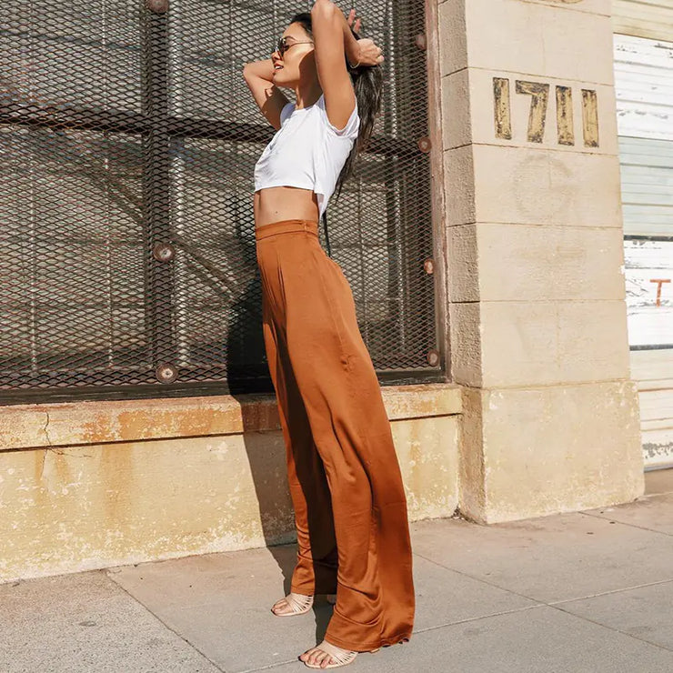 High-Waisted Casual Wide-Leg Pants in Camel Color