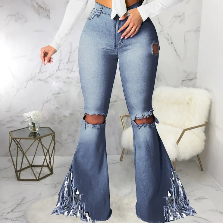 Wide Leg Jeans with Knee Holes - European & American Style