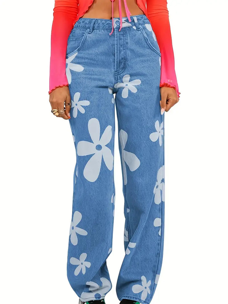 Blue Floral Print High Waist Baggy Denim Jeans for Women