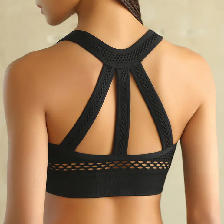 Sports Bra with Cross Back and Hollow Mesh Design