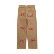 Embroidered Leather Vintage Letter Straight Leg Jeans