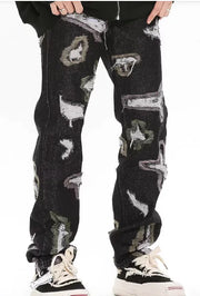 American Style Ripped Embroidered Jeans with Color Contrast