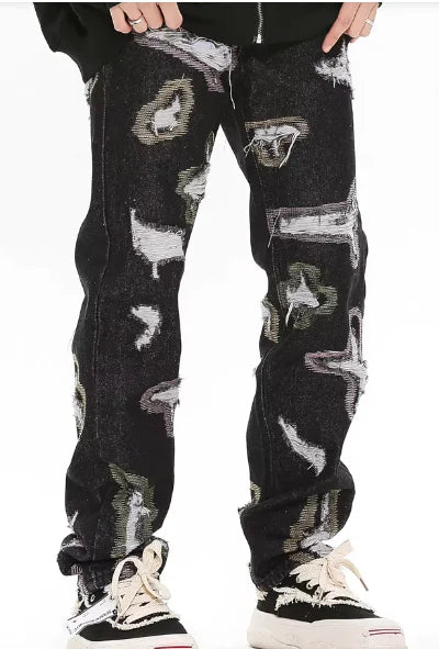 American Style Ripped Embroidered Jeans with Color Contrast