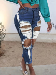Women's Blue High Waist Ripped Straight Jeans