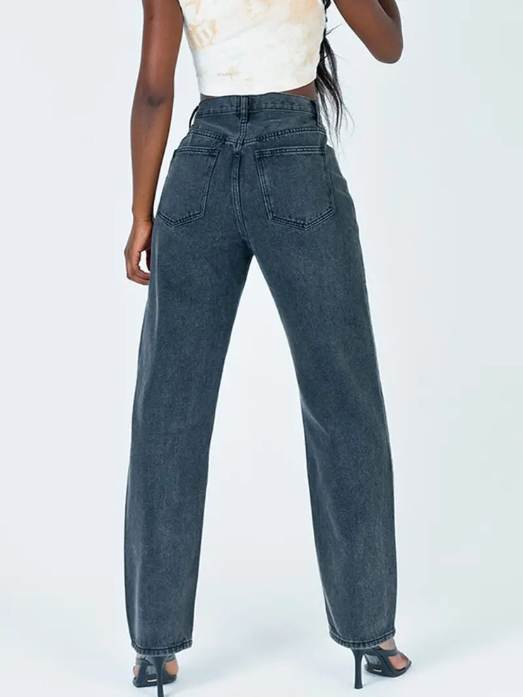 Gray High-Rise Straight Leg Baggy Jeans with Pockets