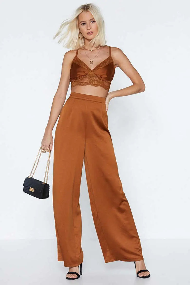 High-Waisted Casual Wide-Leg Pants in Camel Color