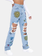 Floral Print Ripped Denim Jeans - Loose Fit High Waist
