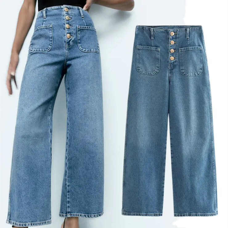 European High-Waisted Baggy Wide-Leg Capri Jeans