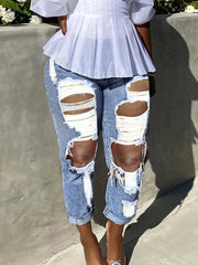Women's Blue High Waist Ripped Straight Jeans